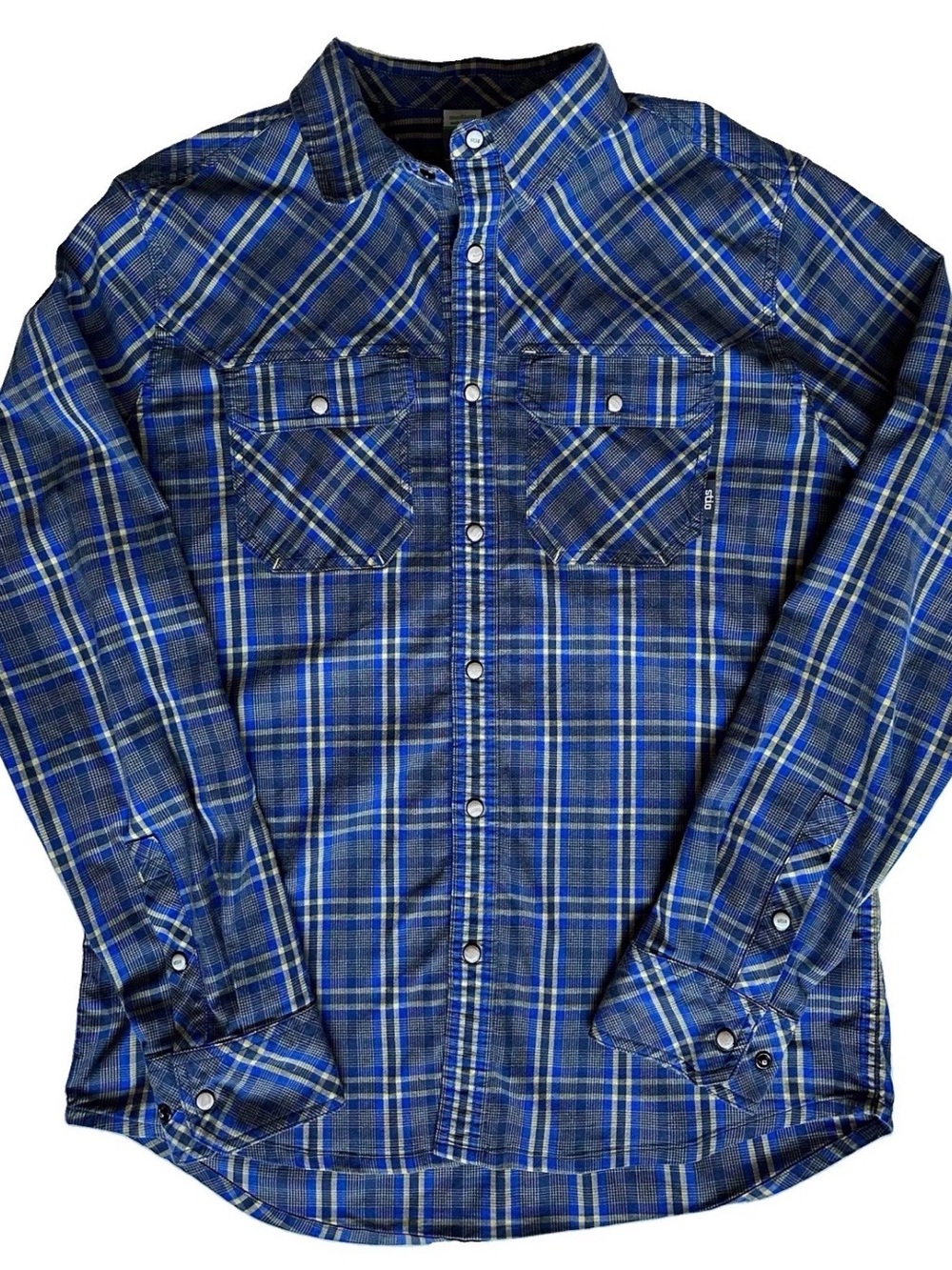 Stio Men’s Medium Plaid Pearl Snap Long Sleeve Shirt Blue/Gold Technical Blend